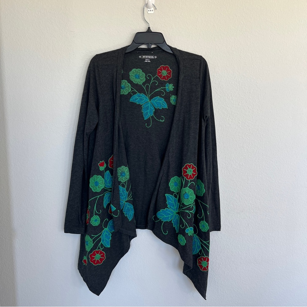 Stetson Women’s Embroidered Floral Art To Wear Open Front Cardigan Size Small